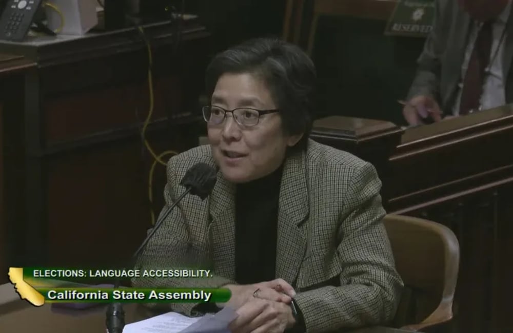 Deanna Kitamura, who leads ALC's voting rights program, testifies before a CA Assembly committee about AB 884 and the need for language services at the ballot box.