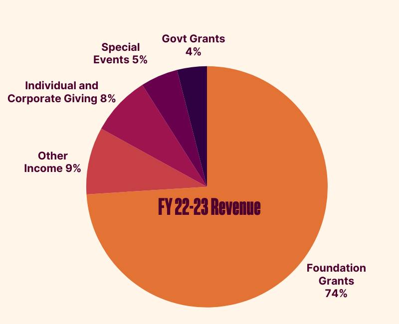 Asian Law Caucus' FY22-23 revenue breakdown by foundation grants, government grants, and individual and corporate giving.