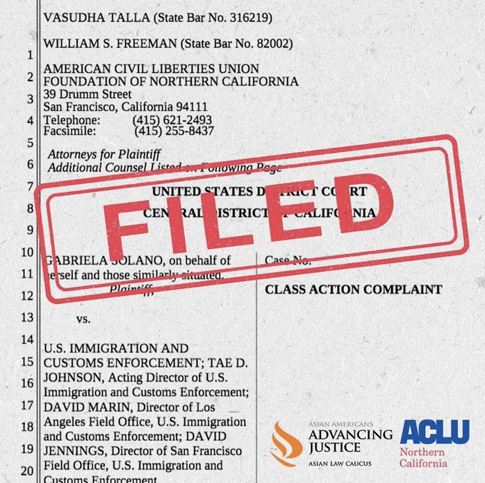 Screenshot of the first page of the Solano lawsuit. The graphic has red text the says "Filed" and the ALC and ACLU of Northern California logos formatted over the complaint text..