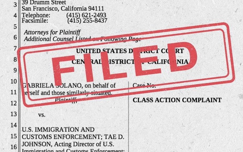 Screenshot of the first page of the Solano lawsuit. The graphic has red text the says "Filed" and the ALC and ACLU of Northern California logos formatted over the complaint text..