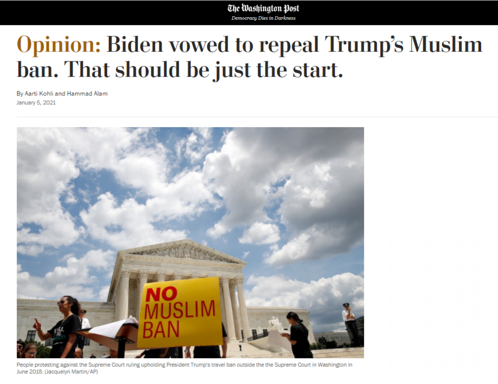 Screenshot of op-ed in the Washington Post. The headline reads "Biden vowed to repeal Trump's Muslim ban. That should be just the start."