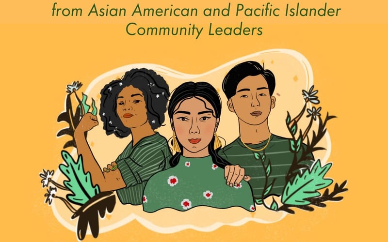 Graphic from the Solidarity Stories website with a illustration of three community members wearing green shirts of different styles. On a yellow background, there is green text that reads "Solidarity Stories from Asian American and Pacific Islander Community Leaders." The graphic invites people to visit www.SolidarityStories.org.