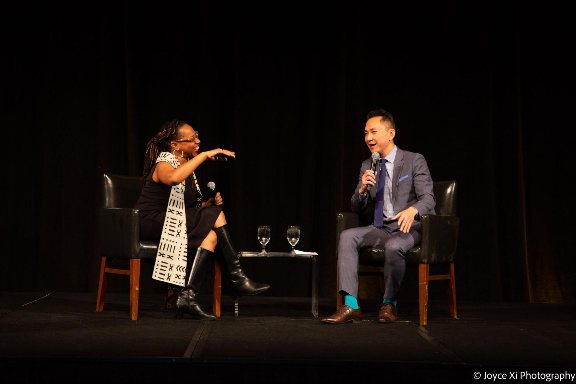 Lateefah Simon and author Viet Thanh Nguyen sit on stage for a conversation on racial justice at ALC's 50th Gala.