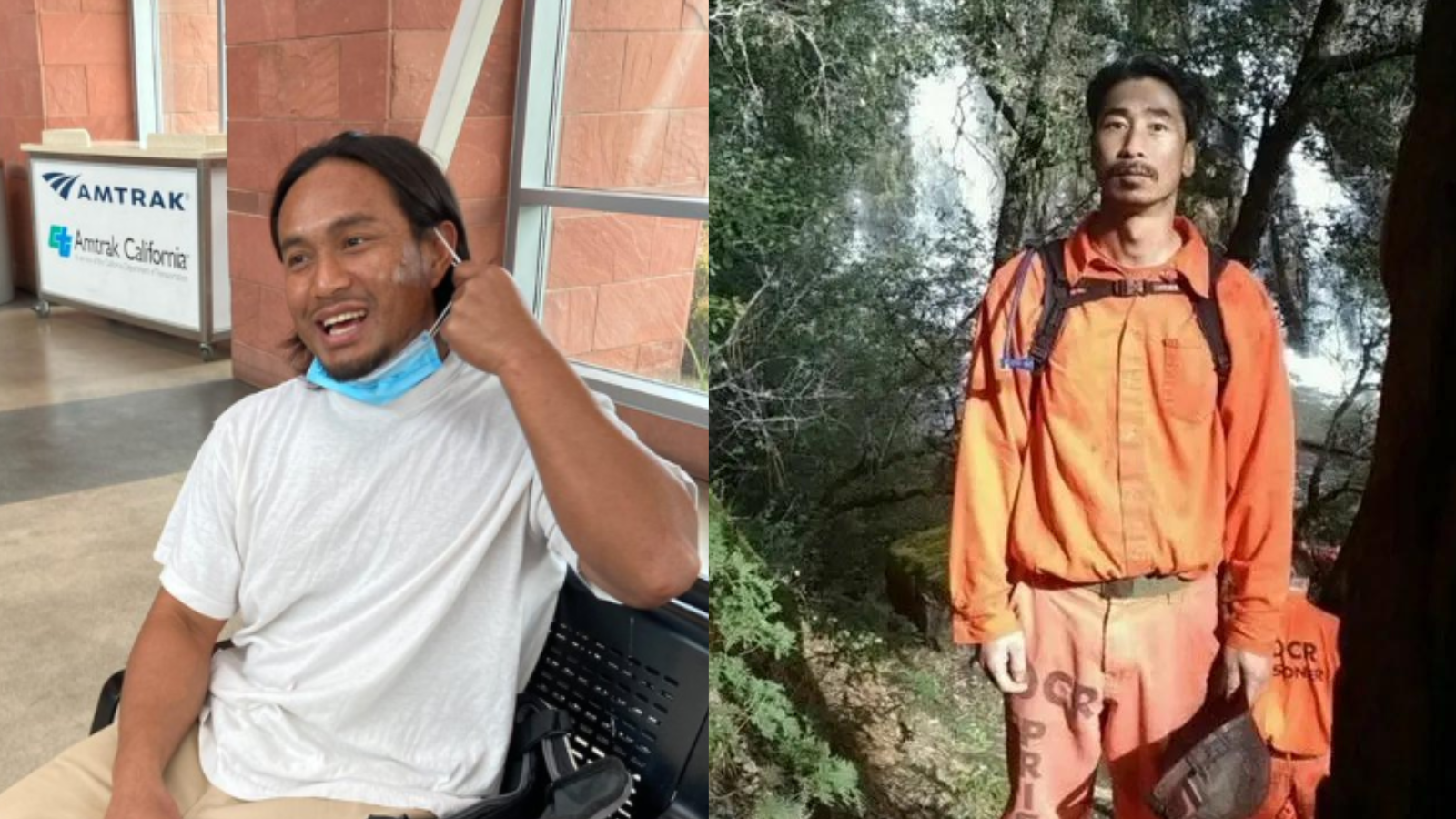 Side by side photos of Bounchan Keola and Kao Saelee. Bounchan is wearing a white tshirt and tan pants. Kao is wearing his firefighter uniform and standing amid trees.