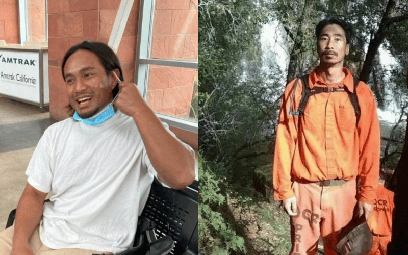 Side by side photos of Bounchan Keola and Kao Saelee. Bounchan is wearing a white tshirt and tan pants. Kao is wearing his firefighter uniform and standing amid trees.