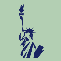 A stylized profile of the Statue of Liberty is on a solid background.