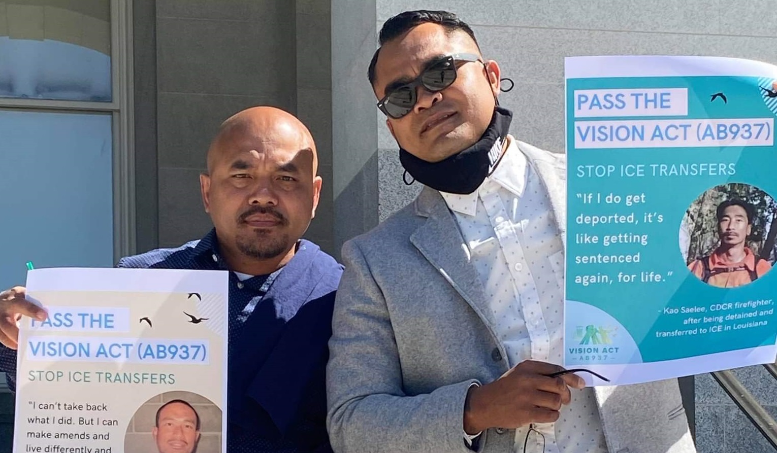 Chanthon Bun and Tith Ton stand side by side, each holding a flyer that reads "Pass the VISION Act" and highlights the story of an incarcerated community member.
