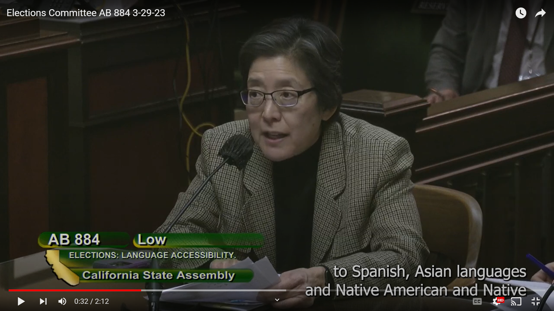 Deanna Kitamura, who leads ALC's voting rights program, testifies before a CA Assembly committee about AB 884 and the need for language services at the ballot box.