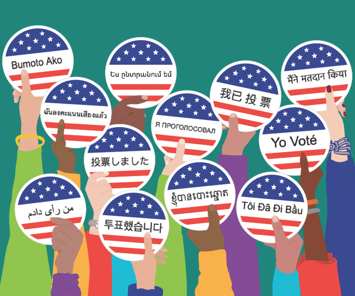 Several hands of varying skin tones are raised. They each hold a large circle decorated with the stars and stripes of the U.S. flag with text in several different languages that say "I voted."