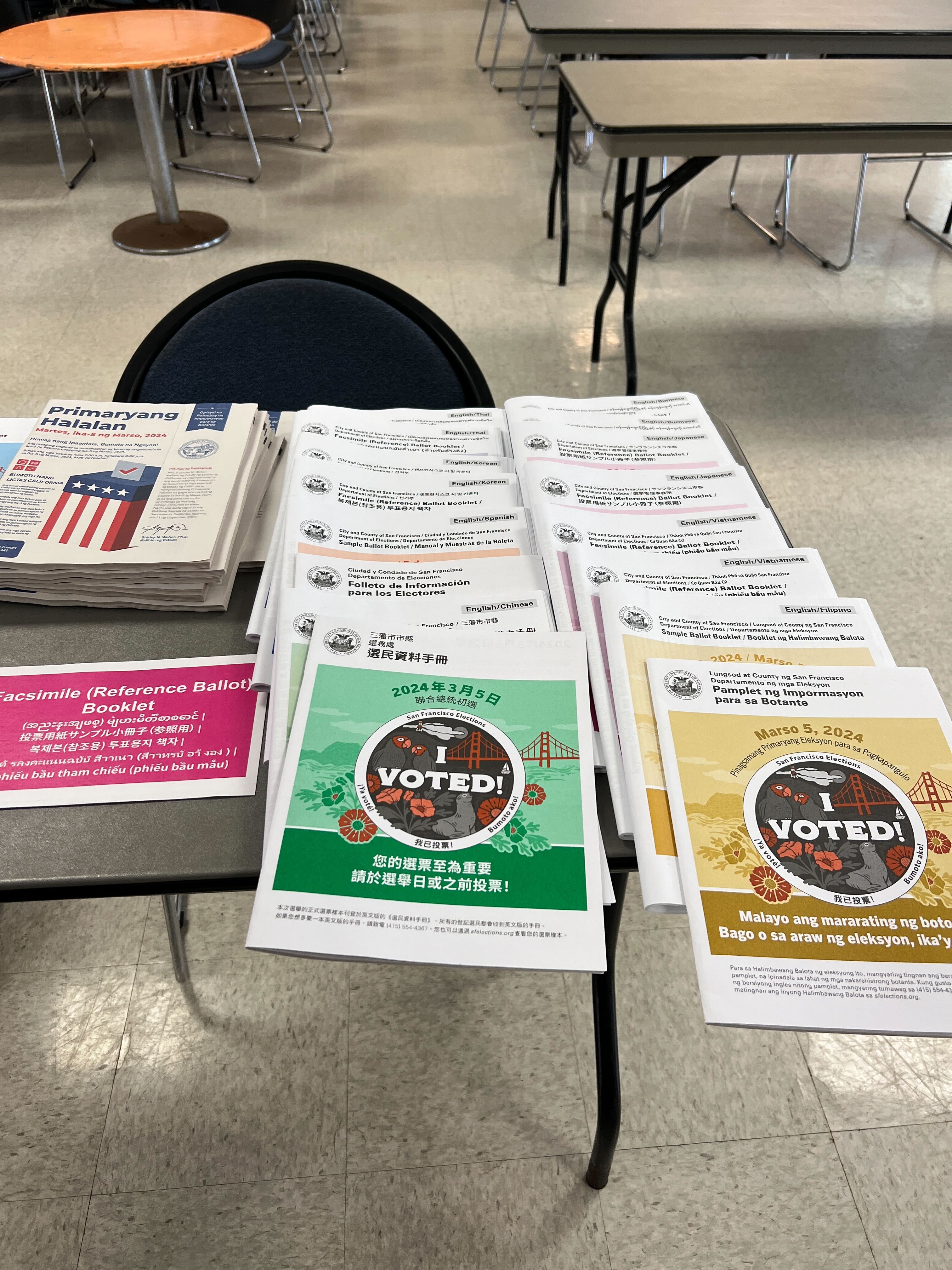 Reference ballots in Chinese and Filipino laid out on a table at a polling location in SF County.