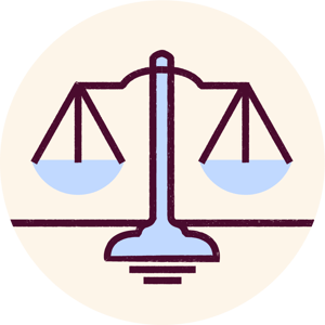 Illustration of scales of justice in blue and plum