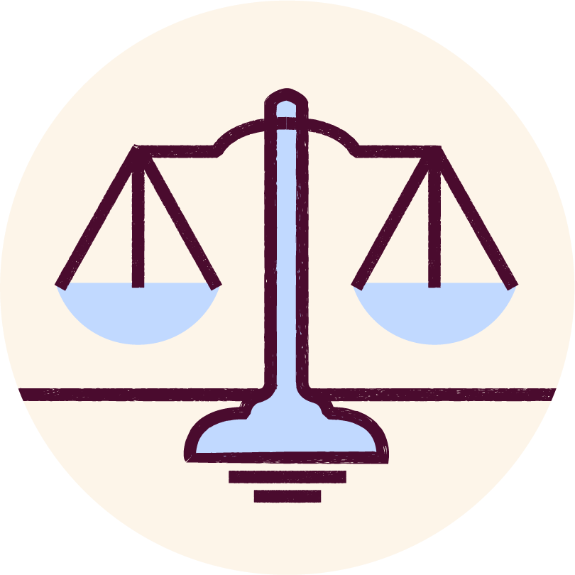 Illustration of scales of justice in blue and plum