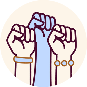 Illustration of three raised fists - the middle one is light blue and the other two have bracelets