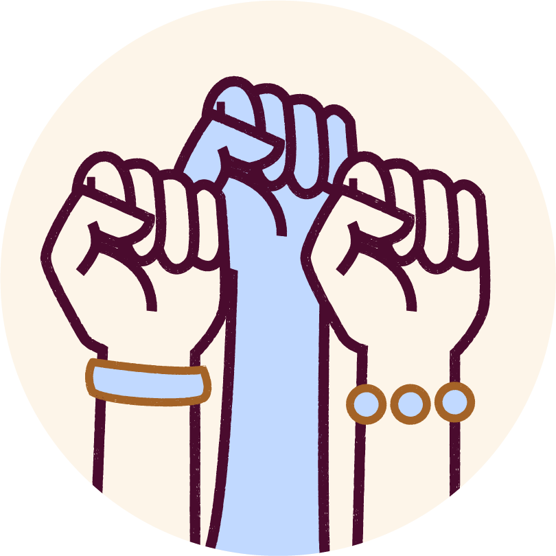 Illustration of three raised fists - the middle one is light blue and the other two have bracelets