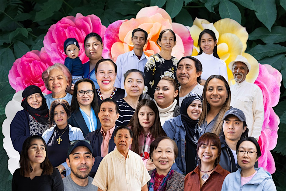 Collaged together athe the photos of seventeen individuals of all backgrounds. Behind them are cutouts of flowers and a background of green foliage.