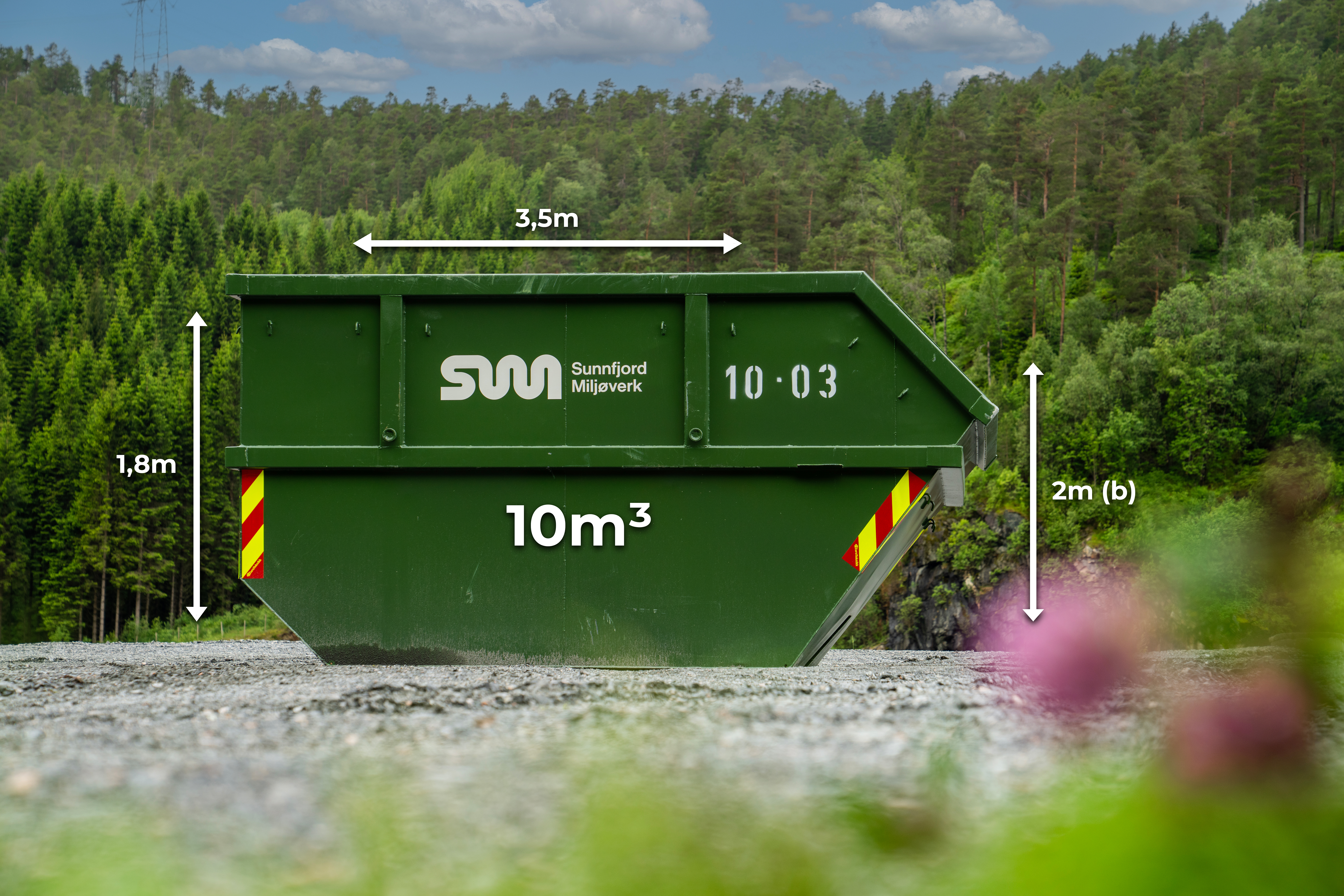 Konteinar frå SUM med oppmerka mål på storleik.