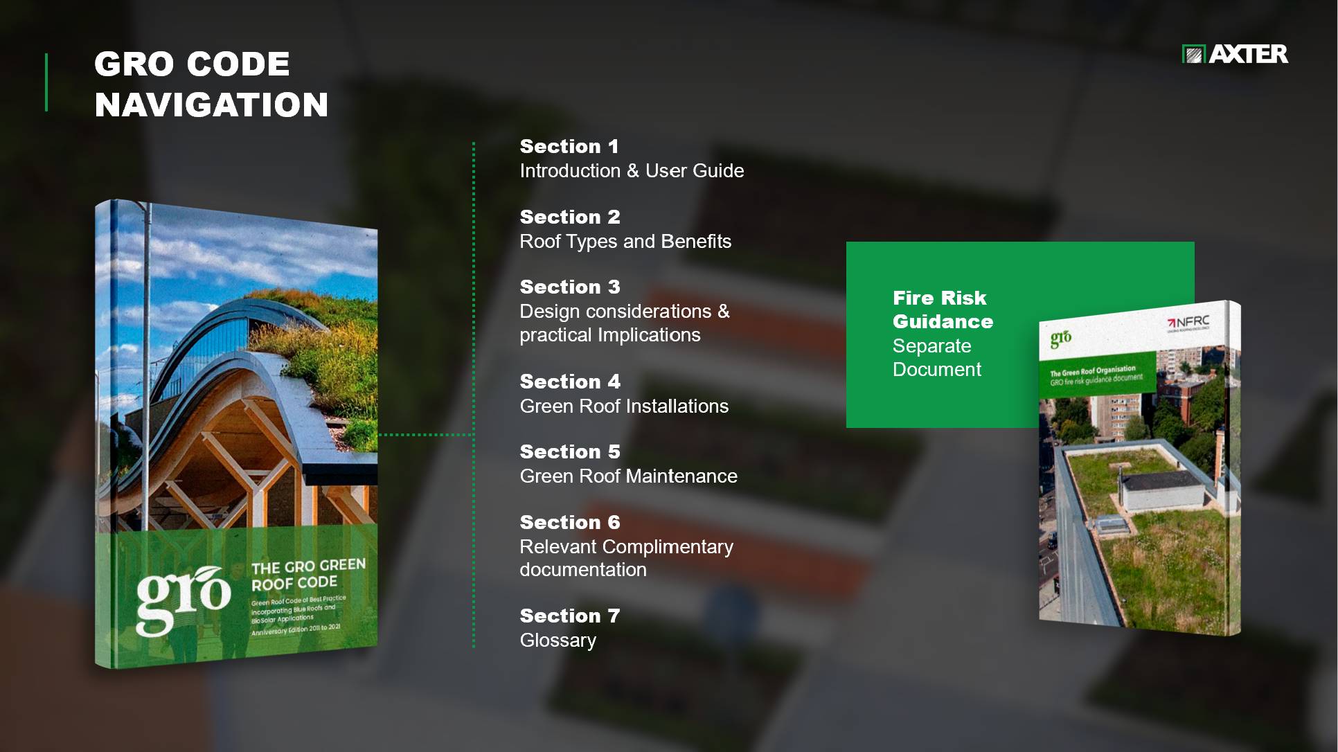 Axter slide showing GRO Code Navigation with a book cover on the left, 7 listed sections in the centre, and a Fire Risk Guidance document on the right.