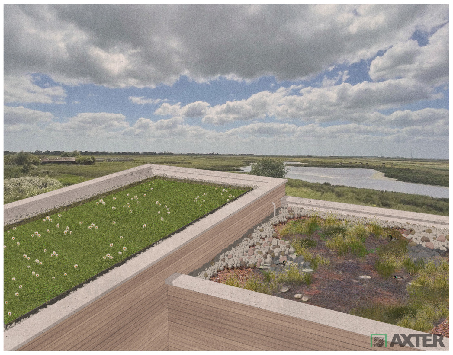 Wooden boardwalk extends across green marshland with concrete barriers. Grey clouds fill blue sky above flat coastal landscape.