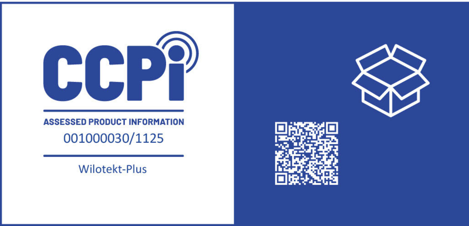 Blue and white rectangular label with "CCPI" logo, product code "001000030/1125", "Wilotekt-Plus" text, QR code, and box icon.