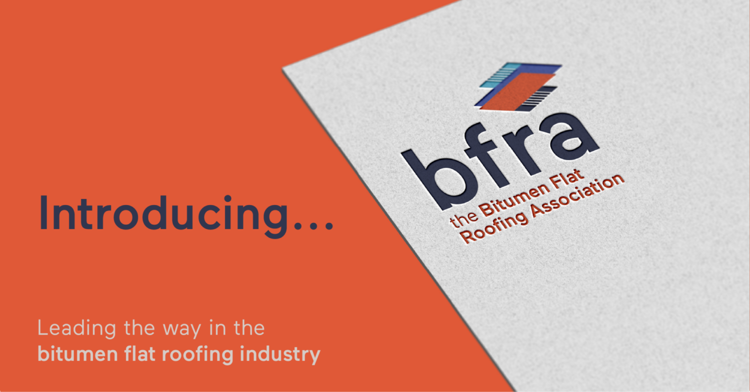 Orange background with white document showing BFRA logo featuring blue, orange and grey geometric shapes. Text reads "Introducing..." and "Leading the way in the bitumen flat roofing industry".