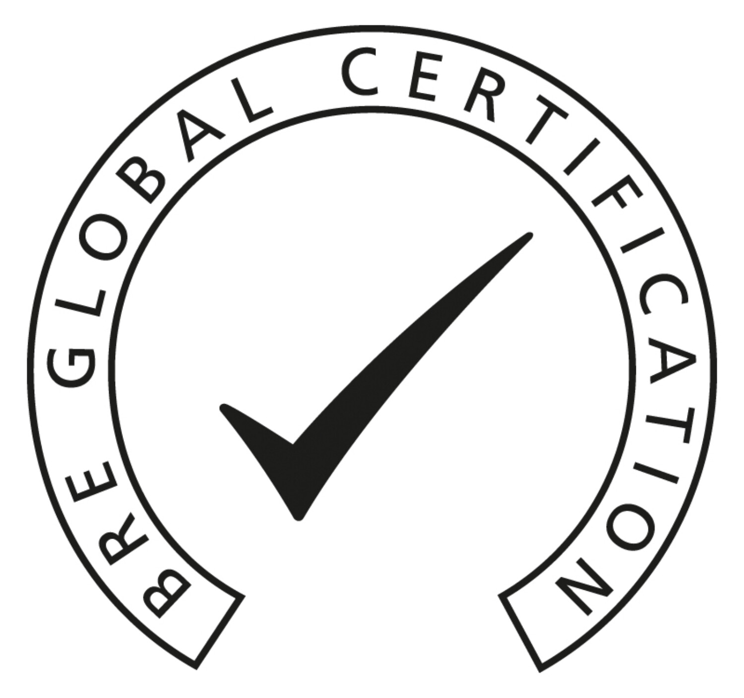 Circular logo with black text "BRE GLOBAL CERTIFICATION" around the perimeter and a black tick mark in the centre on white background.