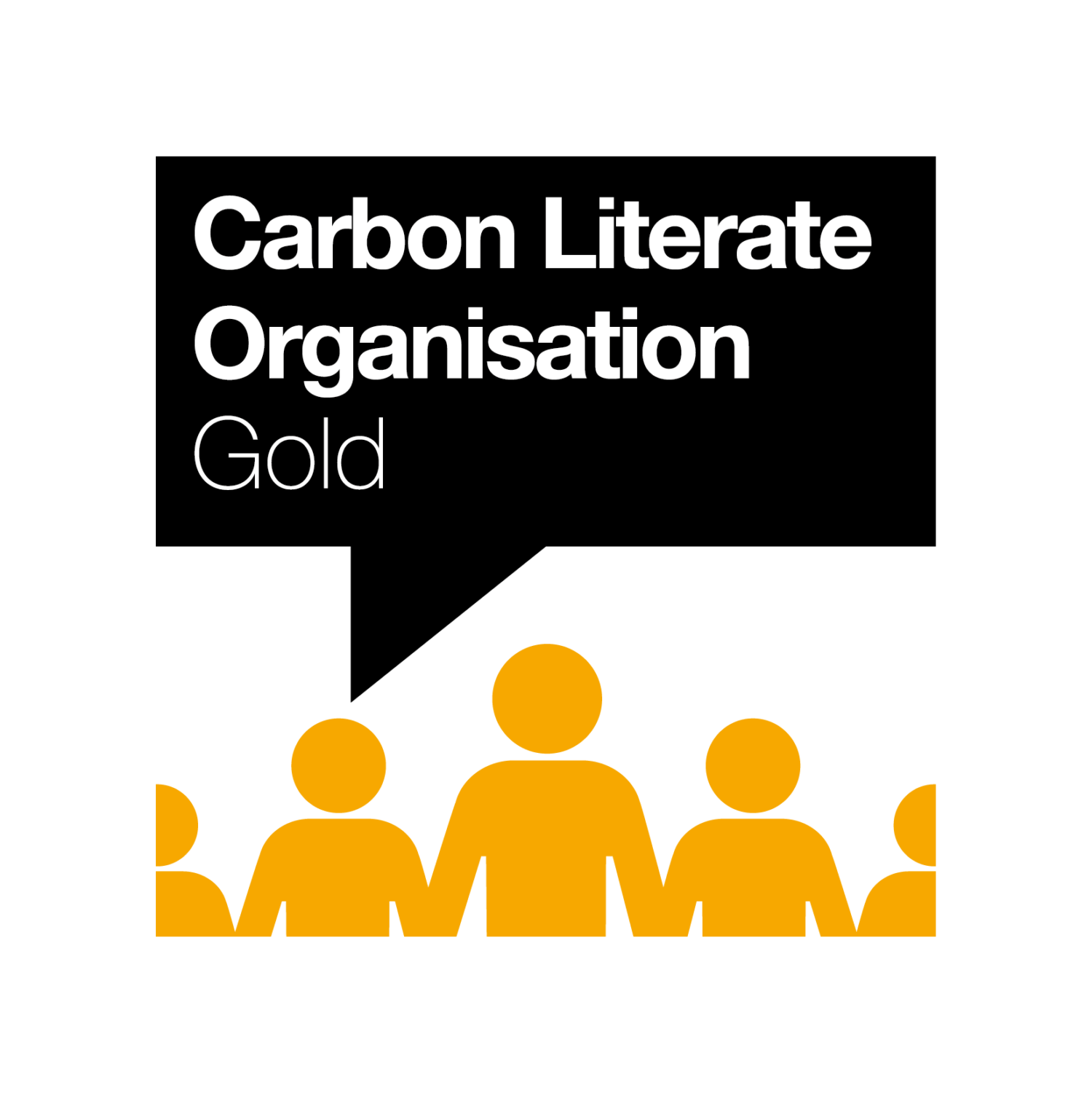 White text on black background reading "Carbon Literate Organisation Gold" with orange silhouettes of five people below.