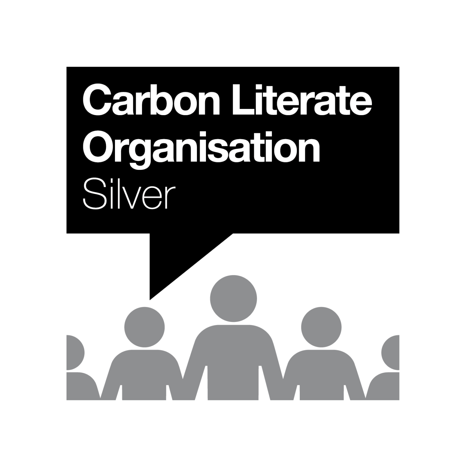 Black square with white text "Carbon Literate Organisation Silver" above grey silhouettes of five people in a row at bottom.
