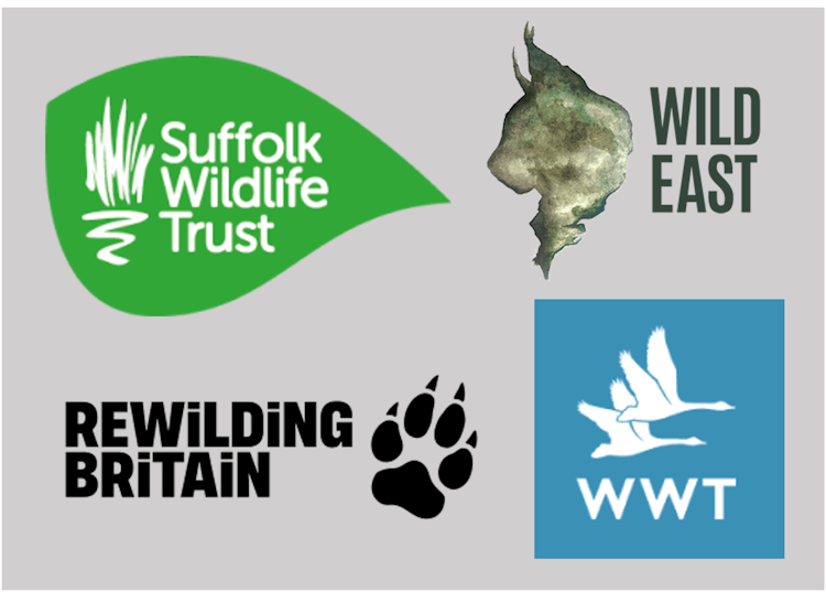 Four wildlife organisation logos: green leaf-shaped Suffolk Wildlife Trust logo, grey Wild East logo with horned animal silhouette, black Rewilding Britain text with paw print, blue WWT square with white flying birds.