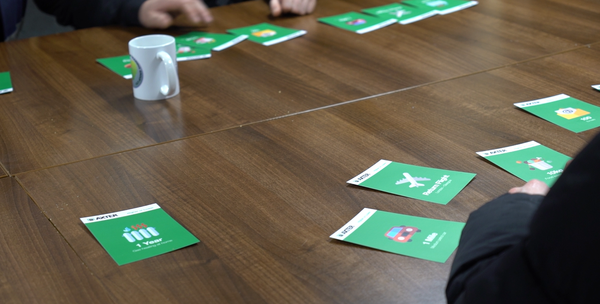 Green cards with white symbols arranged on wooden floor with people's hands visible and white mug present.