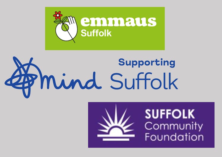 Three logos stacked vertically: green Emmaus Suffolk logo with white turnip icon, blue Mind Suffolk logo with atomic symbol, purple Suffolk Community Foundation logo with white sunburst.