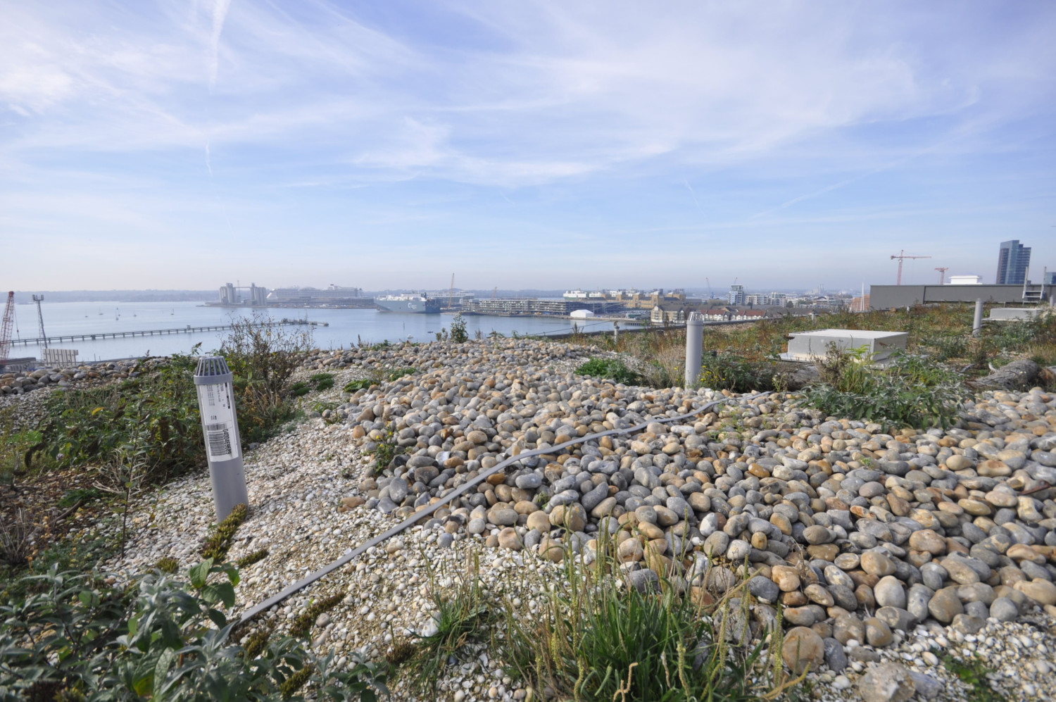 Stone sea defence with rounded grey and brown rocks, green vegetation, white posts, water and buildings in background under cloudy sky.