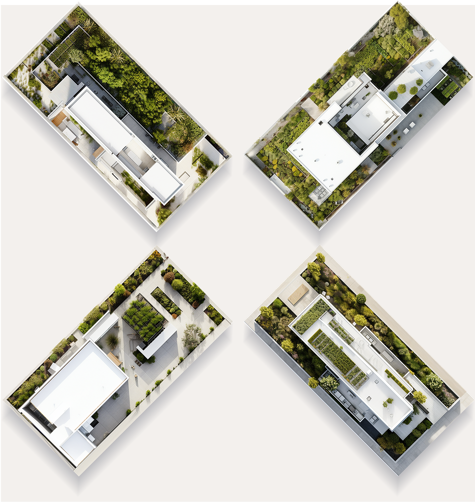 Four aerial view architectural plans showing white buildings with green landscaped areas, arranged in diamond formation on white background.