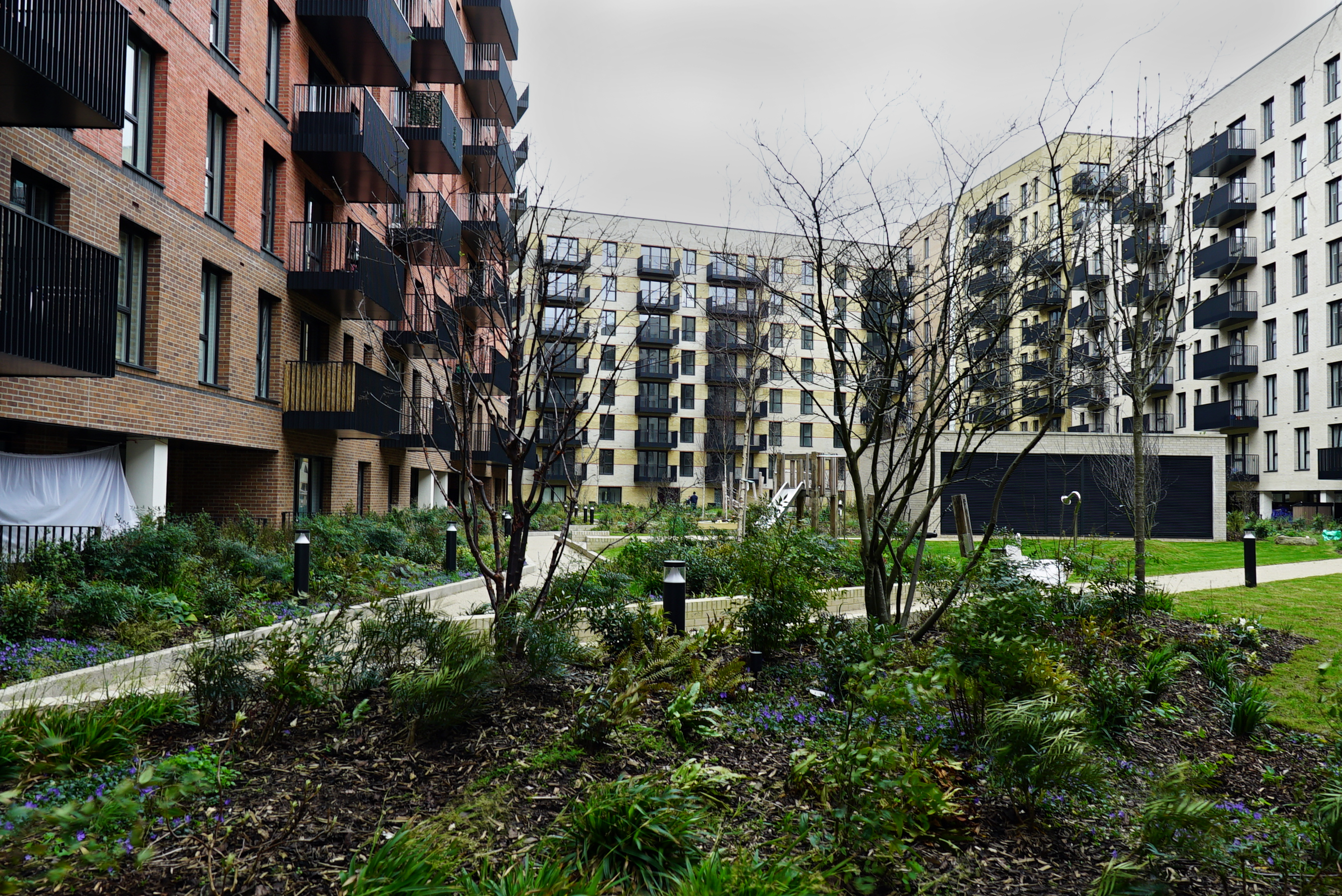 Communal garden courtyard surrounded by modern brick residential apartment blocks with balconies, featuring shrubs, trees, and planted borders.