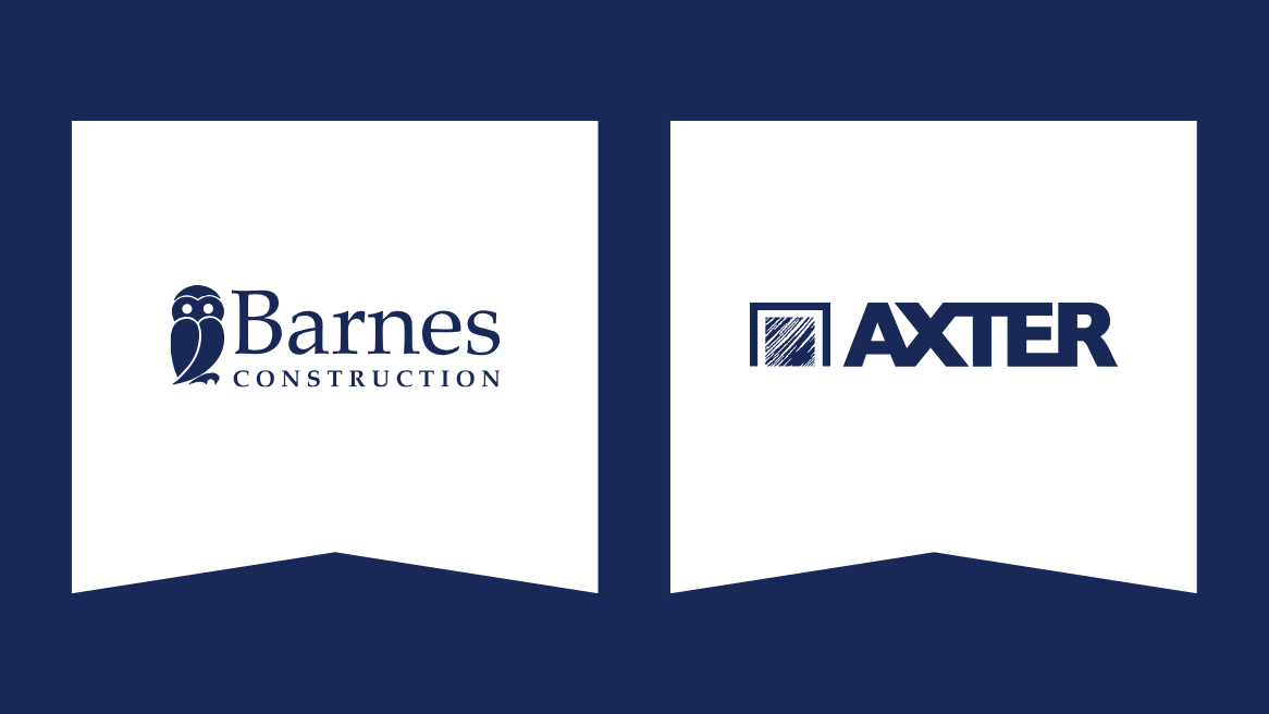 Barnes Construction and Axter logos displayed side by side on navy blue background, each on a white pennant shape.