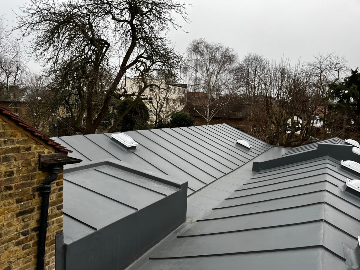 Grey metal roofing with horizontal ridged panels and skylights, brick chimney visible, bare trees in background under overcast sky.