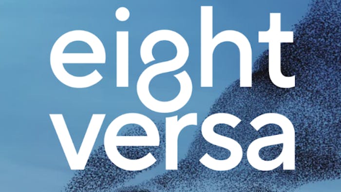 White text reading "eight versa" on blue background with dark textured diagonal shape in bottom right corner.