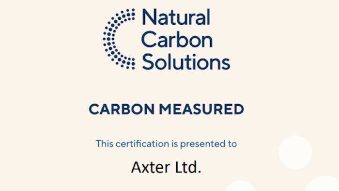 Certificate with Natural Carbon Solutions logo showing curved dotted pattern in blue. Text reads "CARBON MEASURED" and "Axter Ltd."