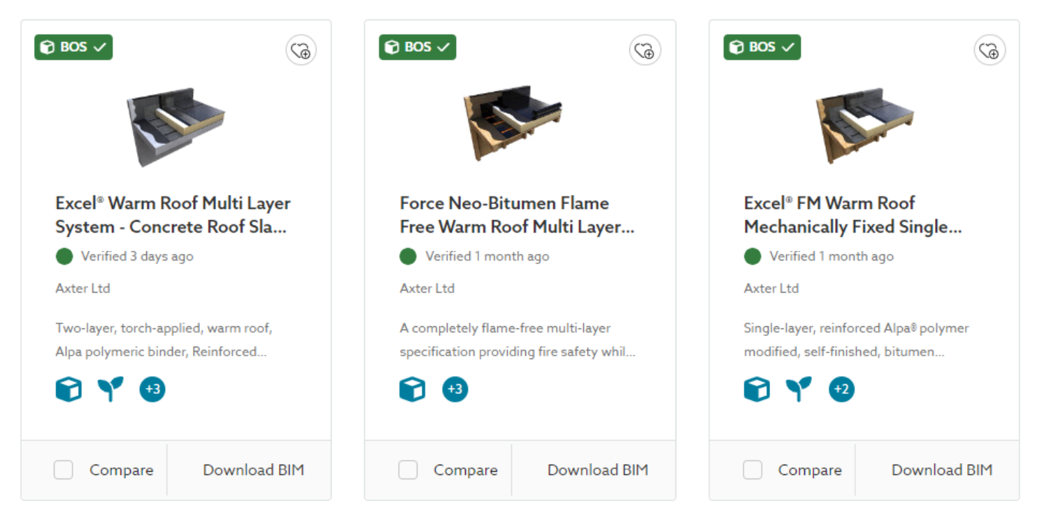 Three product cards displaying roofing materials with green BBA certification badges, product images, titles, descriptions and blue comparison/download buttons.
