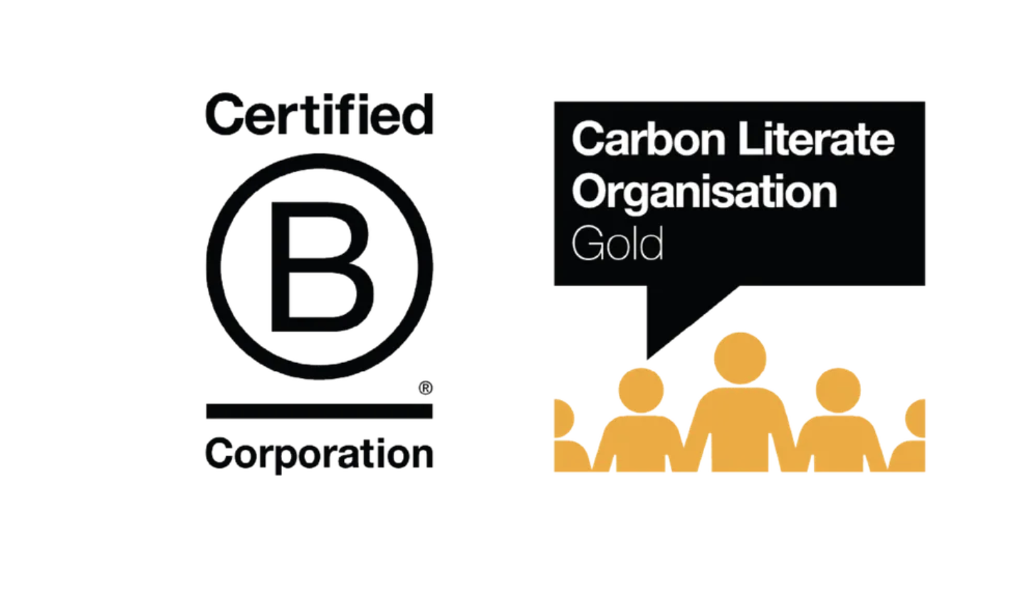 Certified B Corporation logo with black circle containing "B" and "Carbon Literate Organisation Gold" badge with orange figures.