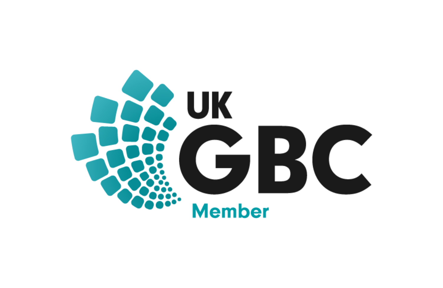 UK Green Building Council Member logo with curved arrangement of teal squares decreasing in size, grey text on black background.