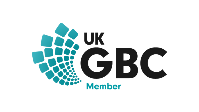 UK GBC Member logo with curved pattern of turquoise squares transitioning to dots, grey text on black background.