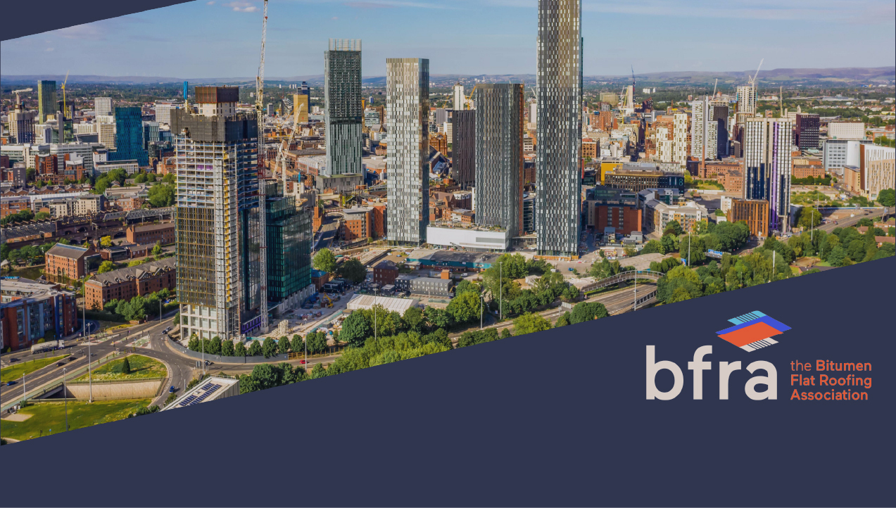 Aerial view of city skyline with tall buildings along waterfront, green spaces visible, BFRFA logo in bottom right corner.
