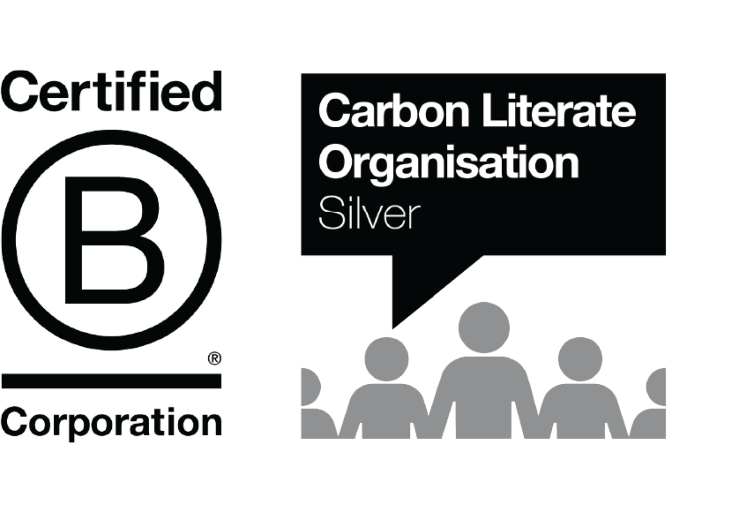 Black background with white text reading "Carbon Literate Organisation Silver" and grey silhouettes of five people below.
