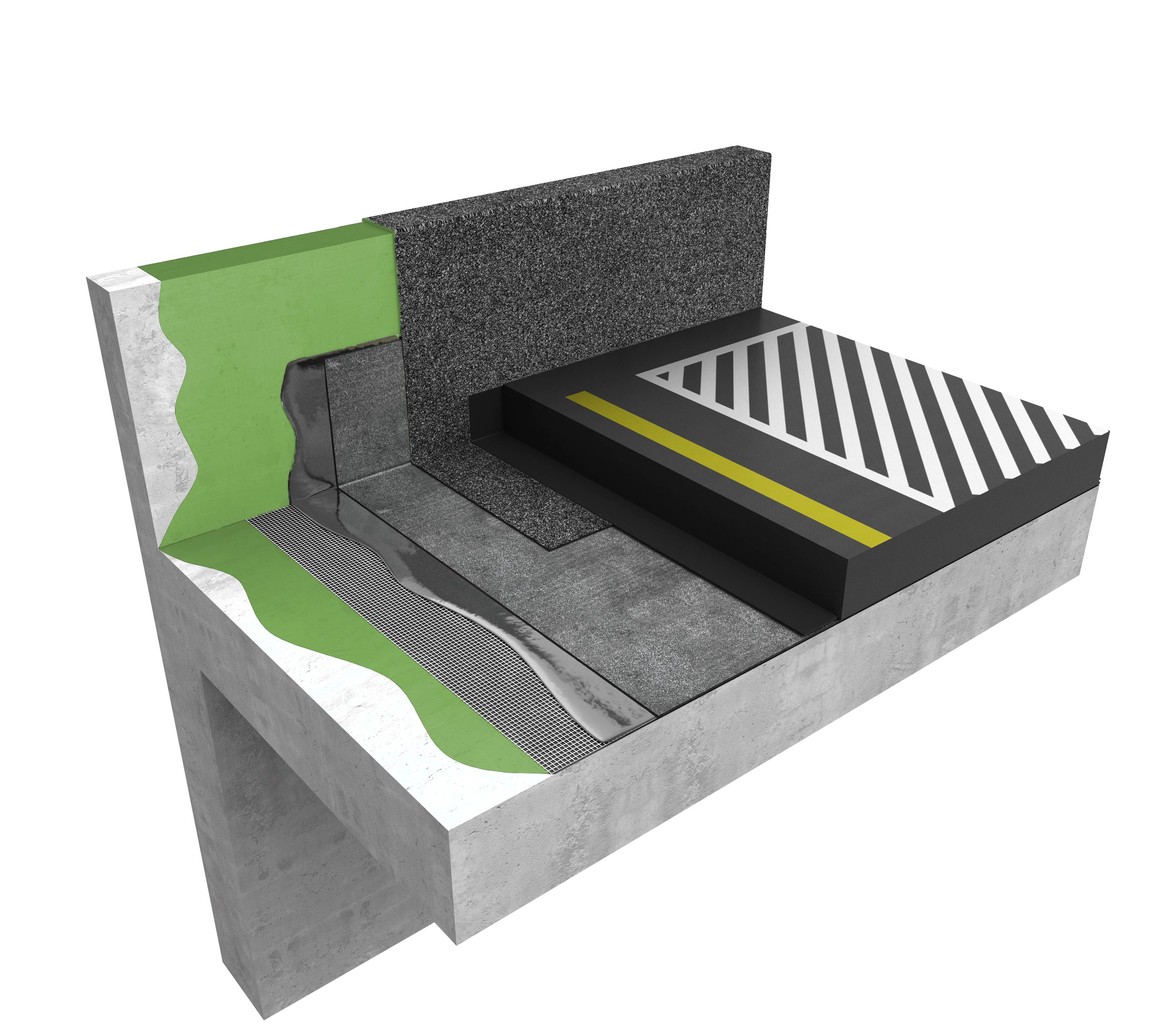 Cross-section diagram showing layered roof construction with white concrete base, green membrane, grey insulation, black waterproofing, and white striped top surface with yellow accent.