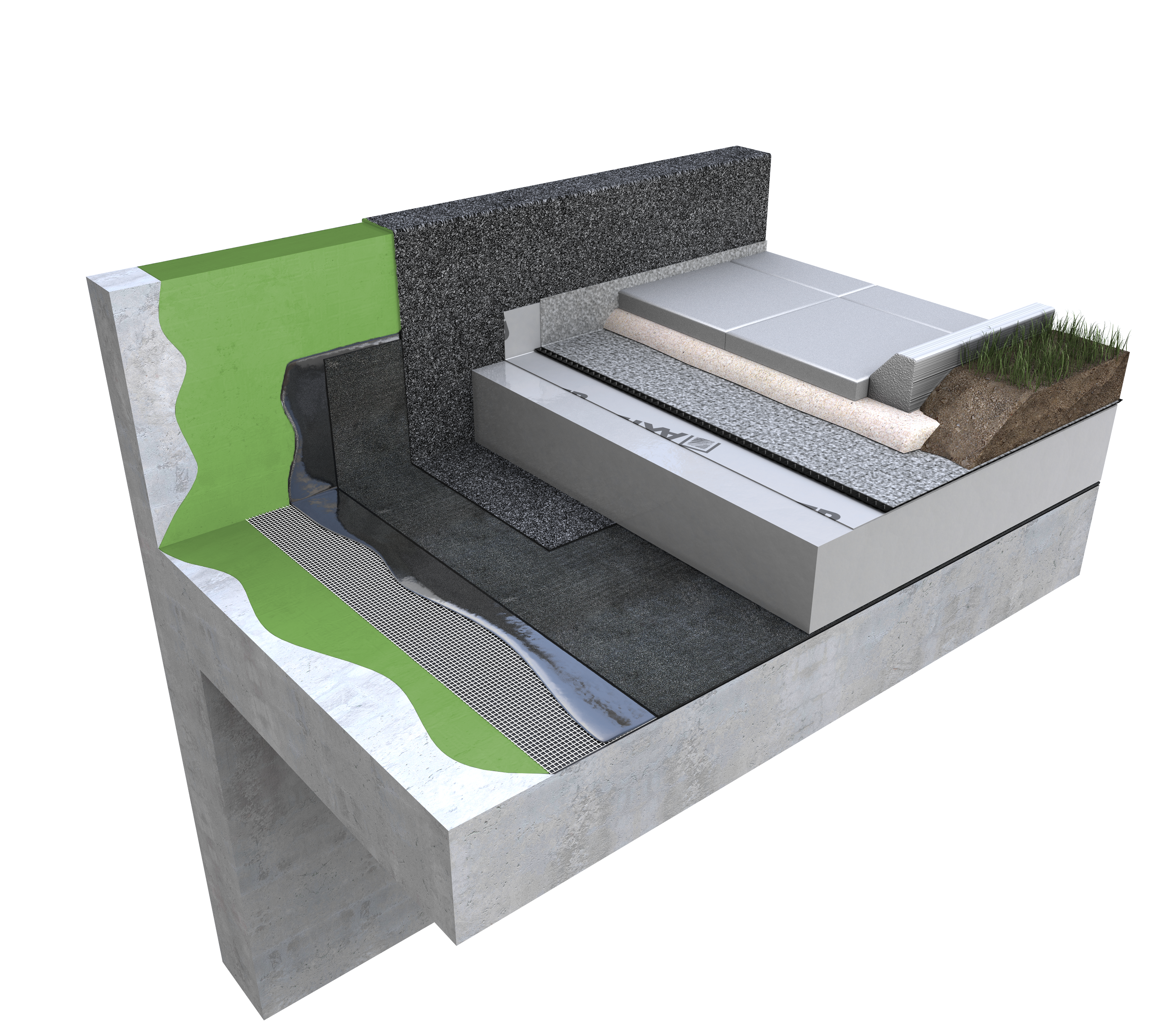 3D cutaway diagram showing building foundation layers with grey concrete, green waterproofing membrane, and various insulation materials.