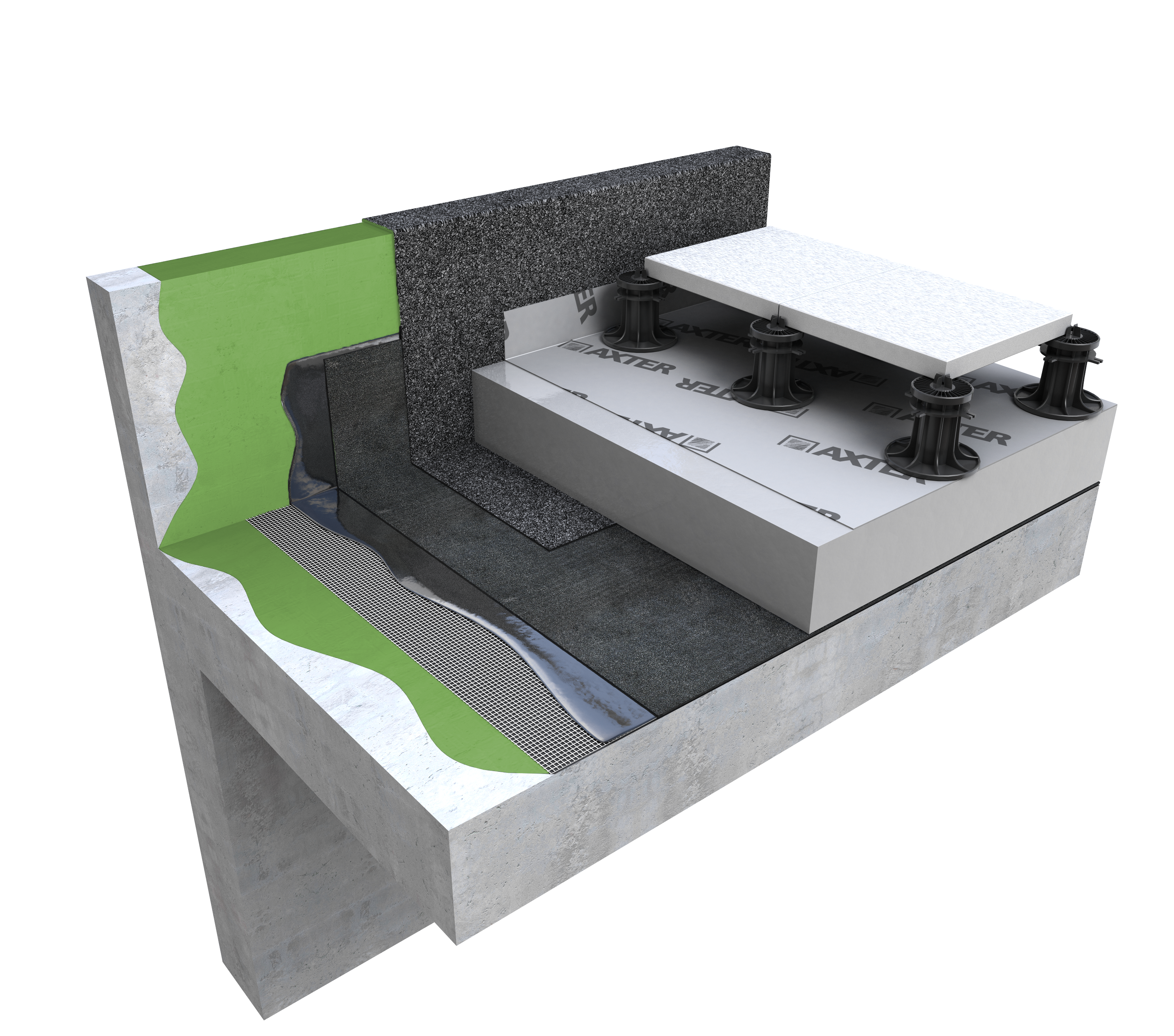 3D cutaway diagram showing grey concrete foundation layers with green waterproofing membrane and white insulation panels on black background.