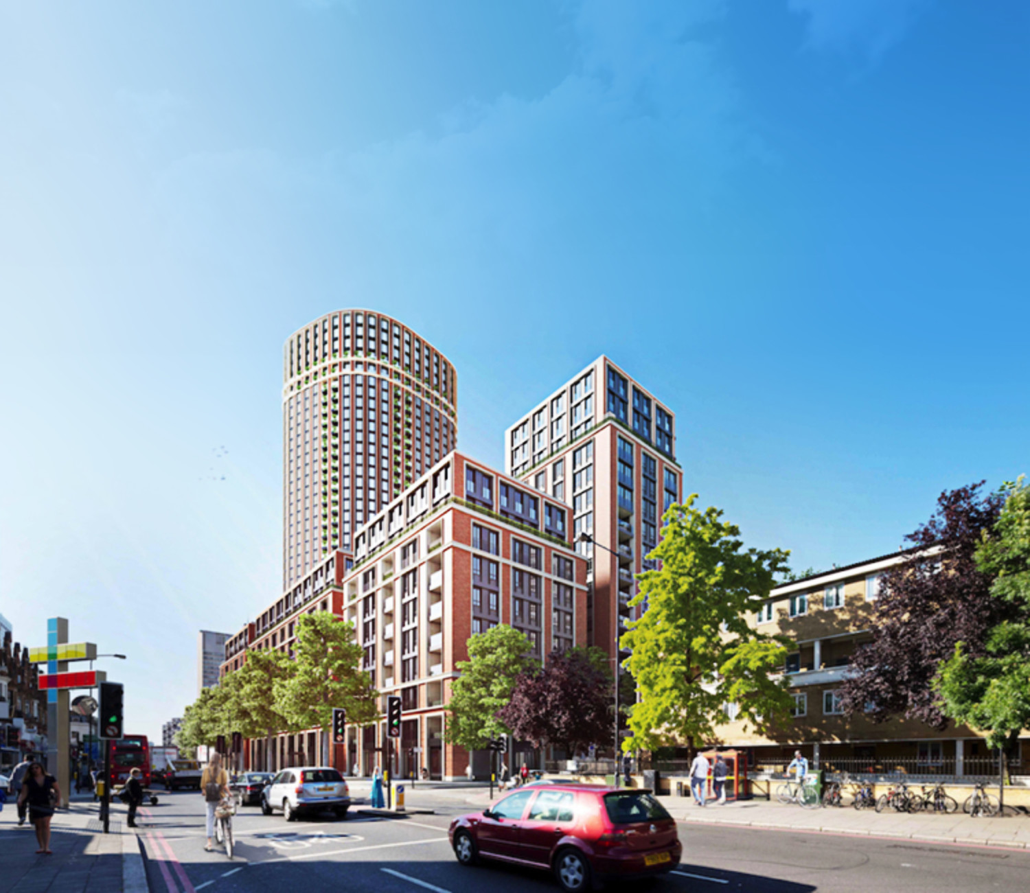 Modern mixed-use development with tall residential towers in brick and glass, street-level retail, green trees, and red car on urban road.