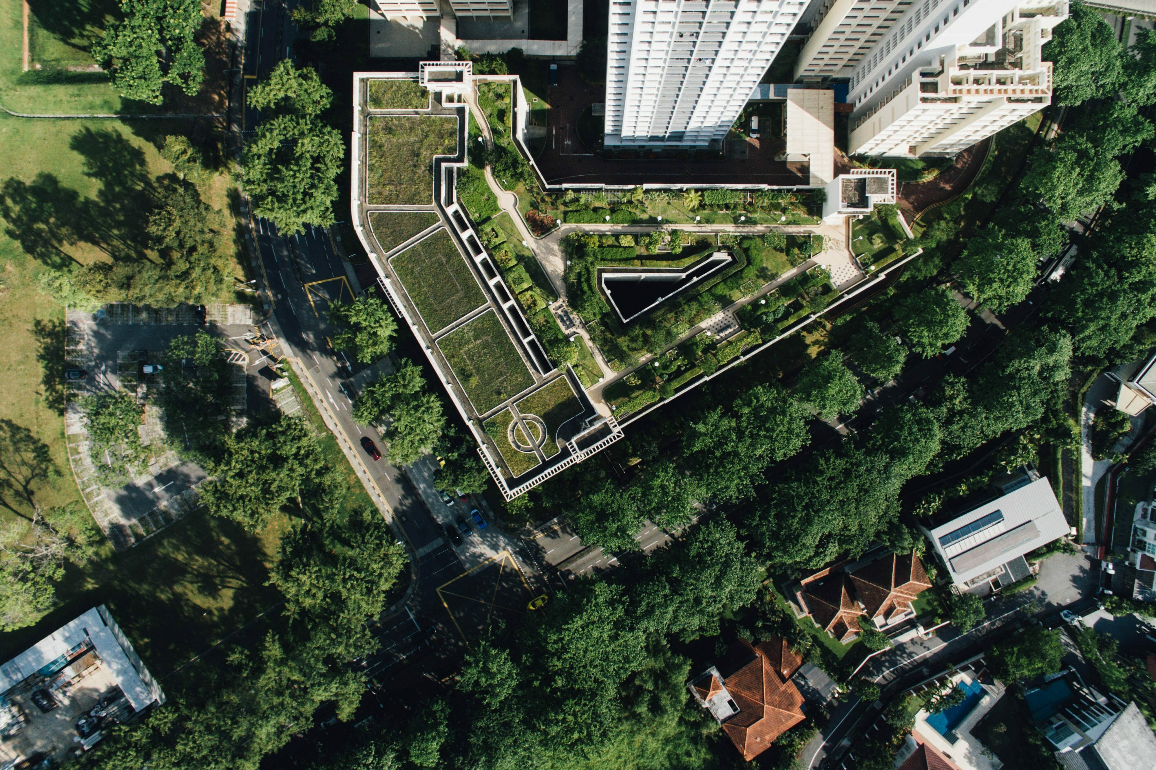 Aerial view of triangular green rooftop garden on white building surrounded by dense trees and residential structures.