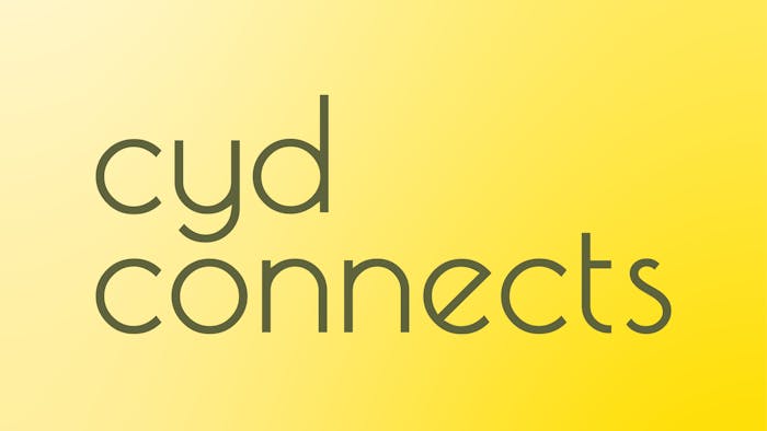 Yellow gradient background with dark grey text reading "cyd connects" in lowercase sans-serif font, positioned left-aligned.