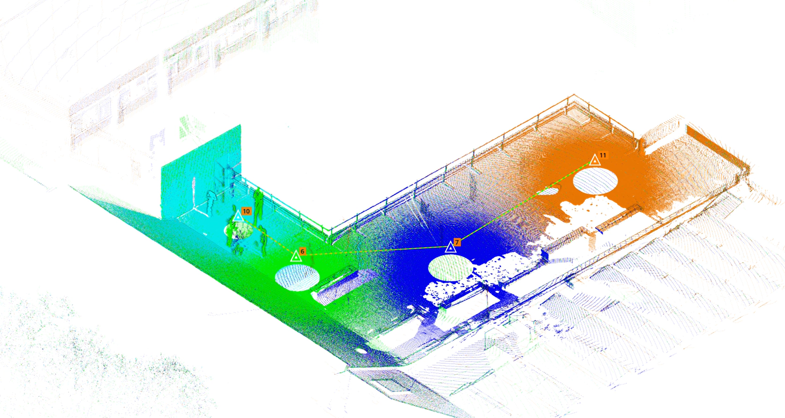 Isometric architectural diagram with green, blue and orange heat map zones overlaid on white wireframe floor plan